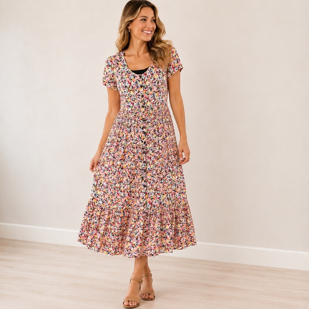 S Roberts Women SM Floral Maxi Dress Pink Multicolor Button Front Short Sleeve